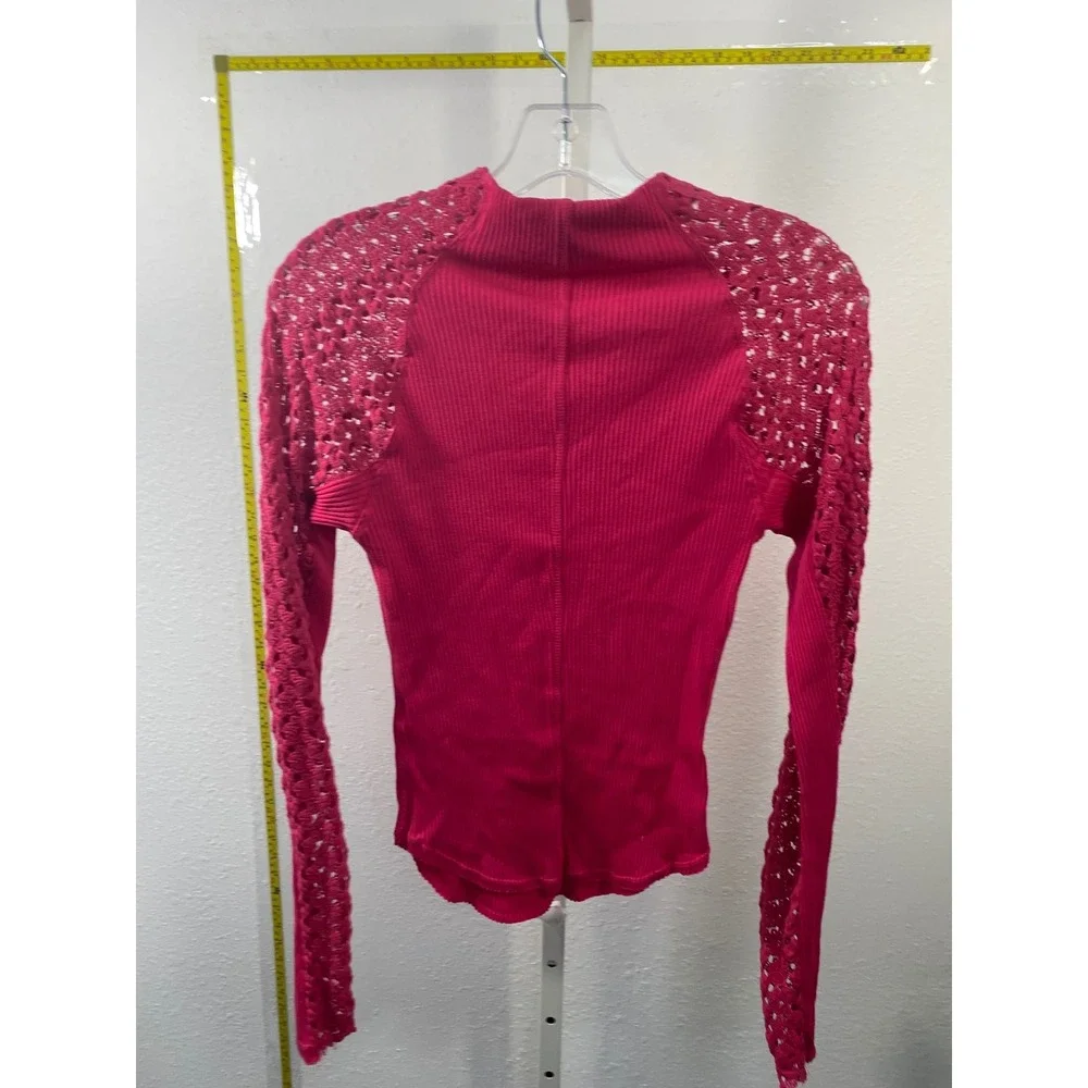 Free People Magenta Pink Ribbed Crochet Lace Long Sleeve Top Mock Neck Medium